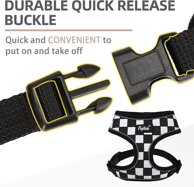 PUPTECK Soft Mesh Dog Harness and Leash Set Pet Puppy Cat Comfort Padded Vest No Pull Harnesses, Checkered Black&White, M