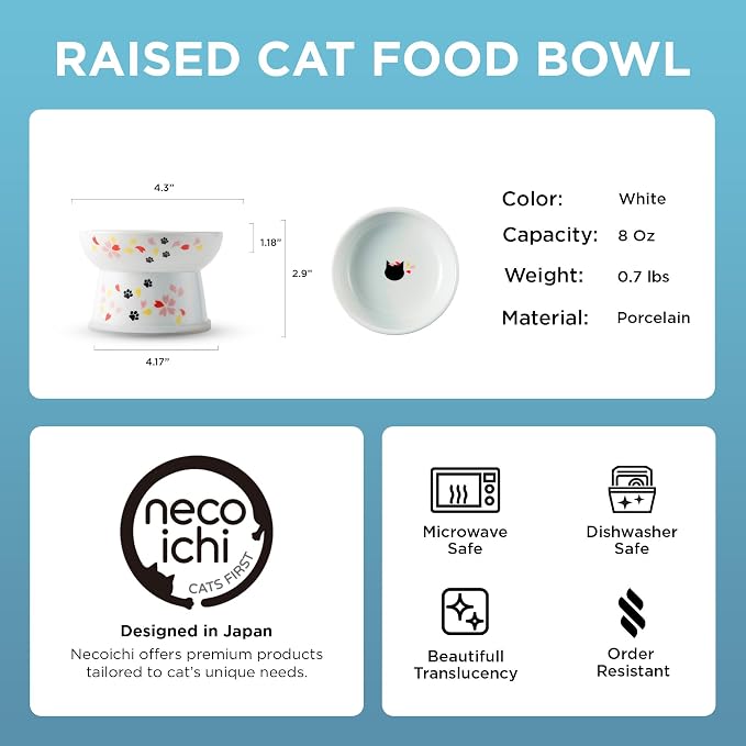 Necoichi Raised Cat Food Bowl – Ceramic Elevated Cat Bowl for Whisker & Neck Fatigue, Dishwasher Microwave Safe – Non-Slip & Anti Vomiting Ergonomic Design (Sakura Floral, Regular, 1-Cup Capacity)