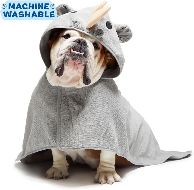 BARKBOX Dog Bathrobe - for Dogs - Medium | Fast Drying, Microfiber Bath Towel - Hook & Loop Closure and Wrap Tie - Machine Washable - Rhino