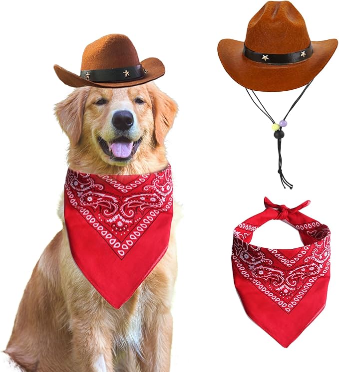 Dog Cowboy Hat & Bandana Scarf (Coffee, Large, Large