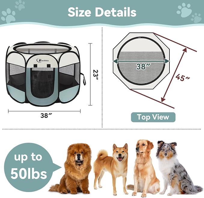 Siedihit Large Dog Cat Playpen, Puppy Pet Playpen Indoor for Dog Crate Tent Cage Outdoor, Portable Pop Up Dogs Enclosure Kennel with Carrying Case for Dogs/Cats/Rabbits, Grey