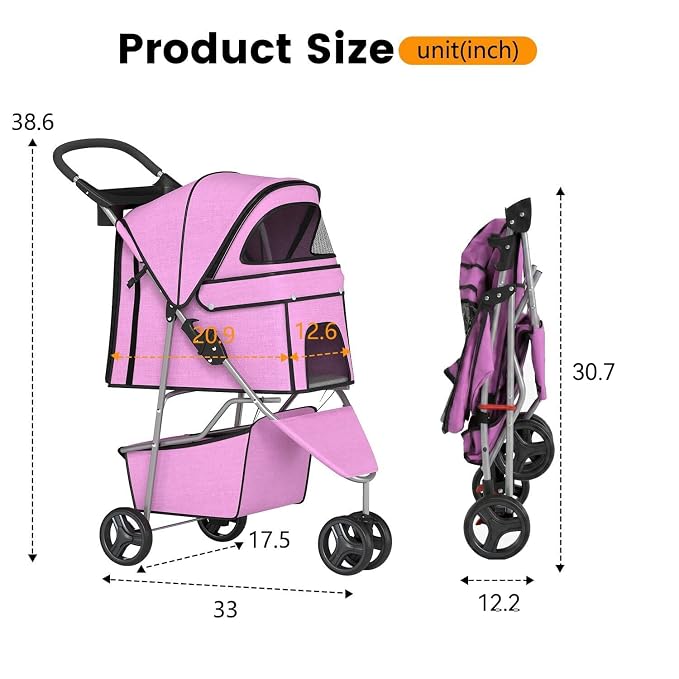 BestPet 3-Wheel Pet Stroller - Pink, Breathable Mesh