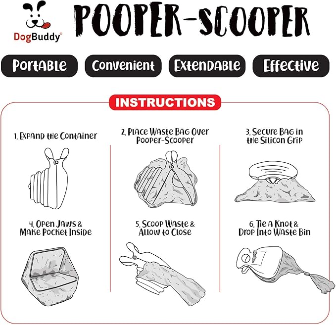 DogBuddy Pooper Scooper, Portable Dog Pooper Scooper, Poop Scooper for Small and Large Dogs, Pooper Scooper with Bag Attachment, Leash Clip and Dog Waste Bags Included (Large, Taupe)