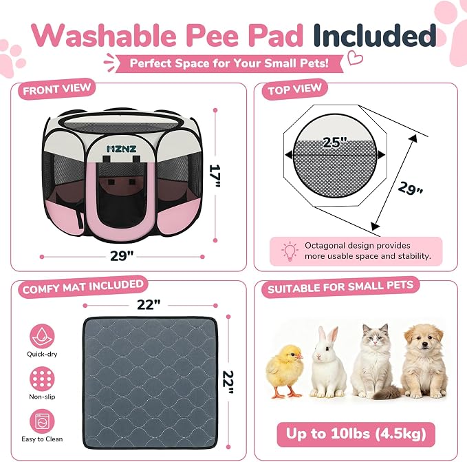 Dog Cat Playpen with Pee Pad, Portable Puppy Pet Crate Indoor for Small Dogs Cats Rabbits, Foldable Dog Cage Enclosure for Outdoor, Pop Up Dogs Tent Kennel with Carrying Case, Pink