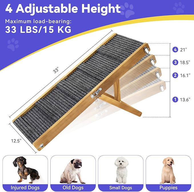 Pawaboo Dog Ramp for Small Dogs & Car – 4 Adjustable Heights (13"-21") with Non-Slip Pad, Foldable Pet Stairs for Couch & Sofa, Walnut