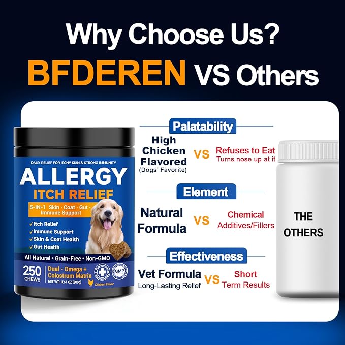 Dog Allergy Chews,is Omega 3 Human,Anti Itch Relief for Dogs Itching Skin Relief and Aller Immune Pet Multivitamin Allergy Chews Coat Licking Supplement Pills Meds Treats 250 Bites for Dogs