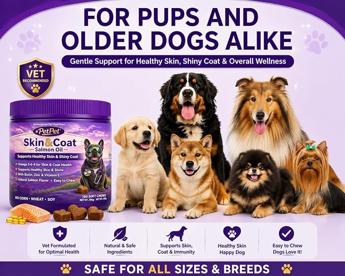 Skin & Coat Salmon Oil Soft Chews for Dogs - Omega 3, Biotin, Zinc & Vitamin E - Supports Healthy Skin, Shiny Coat, Itch Relief & Allergy Support - Natural Salmon Flavor 180+Chews
