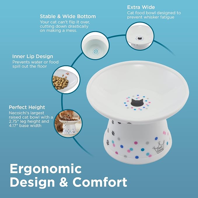 Necoichi Raised Cat Food Bowl Ceramic Elevated Cat Bowl for Whisker & Neck Fatigue, Dishwasher Microwave Safe Non-Slip & Anti Vomiting Ergonomic Design (Colorful Dots, Extra Wide, 2-Cups Capacity)