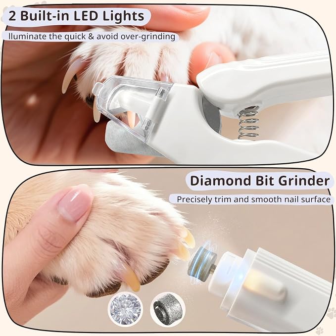2-in-1 Dog Nail Trimmers & Grinder with 2 LED Lights, White