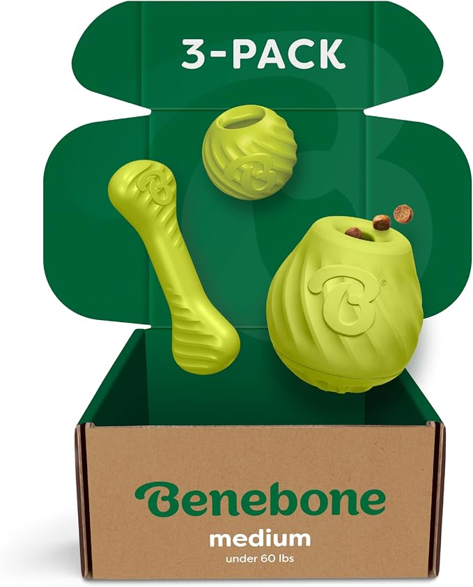 Benebone Ball/Bone Medium/Pawbler Rubber Pet Toys, 3-Pack | Durable Rubber Dog Toys, Boredom Buster, Natural Rubber
