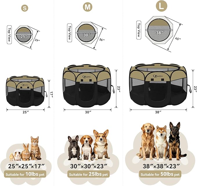 Siedihit Puppy Playpen for Small Dog Cat, Dogs Tent Crate Cage Indoor/Outdoor, Portable Pop Up Dog Kennel with Carrying Bag for Rabbits, Removable Top (Black Khaki, Small)