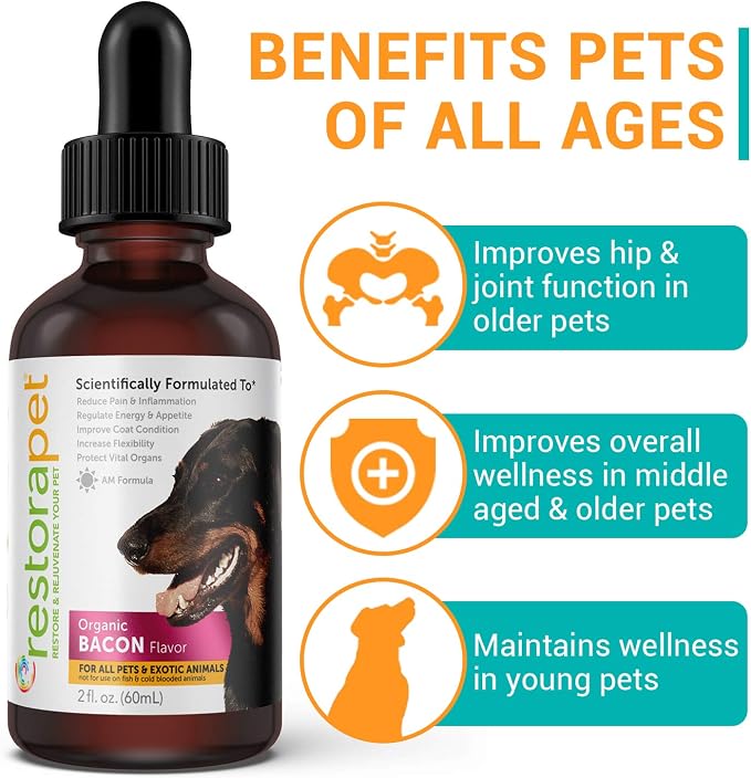 RestoraPet 2-Pack Dog & Cat Bacon Liquid Multivitamin | Dog Arthritis Pain Relief | Hip & Joint Vitamins for Dogs - Anti Inflammatory Supplement for Dogs & Cats | Plant-Based & Non-GMO, Vet Approved