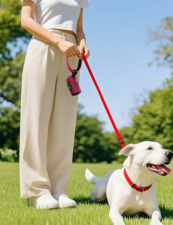 Gobeigo【Easy Pull-Out Version】 Dog Poop Bag Holder,【2-in-1 Hard Plastic Insert & Soft Fabric Bag】Snap-On Strap Dispenser Fits Retractable and Standard Leashes with 1 Roll Bags (Red)