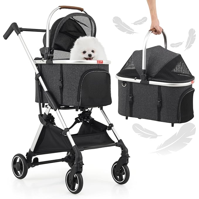 MoNiBloom Folding Jogger Pet Stroller - Dark Gray, Detachable Carrier