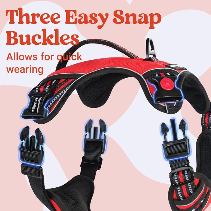rabbitgoo Large Dog Harness, Easy Wear with 3 Buckles and Lift Handle | No Pull with Front Clip for Walking, Adjustable Soft Padded, Reflective, Easy Control, Red, Medium