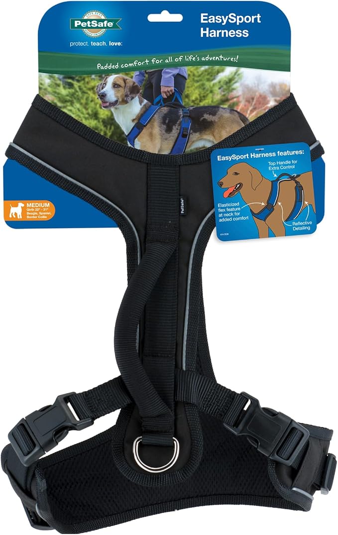 PetSafe EasySport Dog Harness, Adjustable Padded Dog Harness with Control Handle and Reflective Piping, From the Makers of the Easy Walk Harness,Black,Medium | Padded, Elastic Neckline Harness for Active Dogs, Reflective Piping for Visibility, Top Cont...
