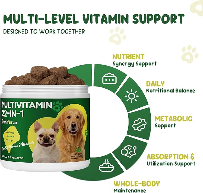 22-in-1 Grain-Free Dog Multivitamin Supplement – 90 Soft Chews for Hip & Joint Health, Immune Support, Healthy Coat & Overall Wellness – Vitamins A, B12, C, D, E, Minerals, and Antioxidants