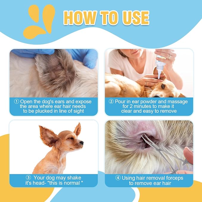 Dog Ear Powder for Hair Removal Kit, 42g, with Curved Grooming Tweezers