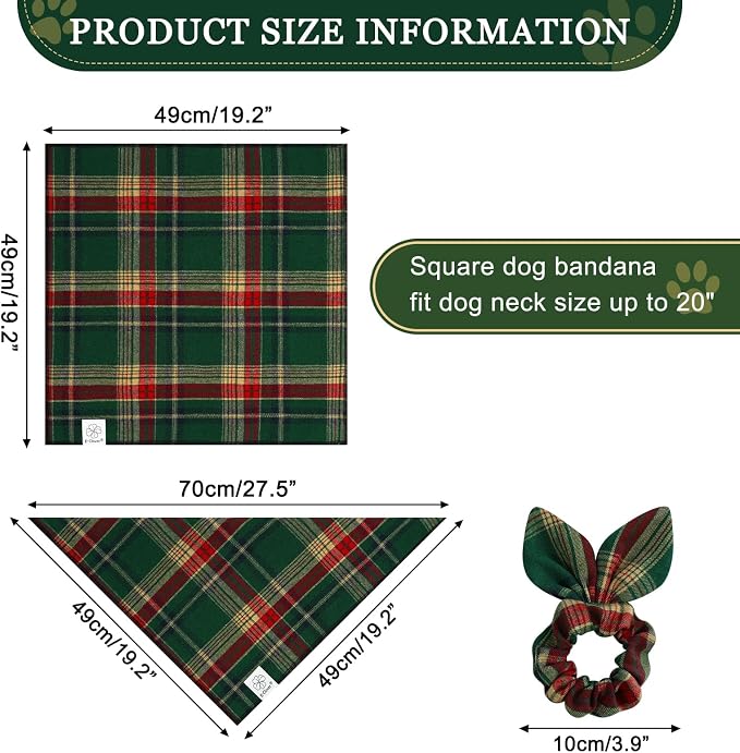 E-Clover Christmas Cute Dog Bandanas Plaid Dog Bandana Matching Scrunchie Pet Kerchief Scarf for, Large-set of 1, Medium, Green