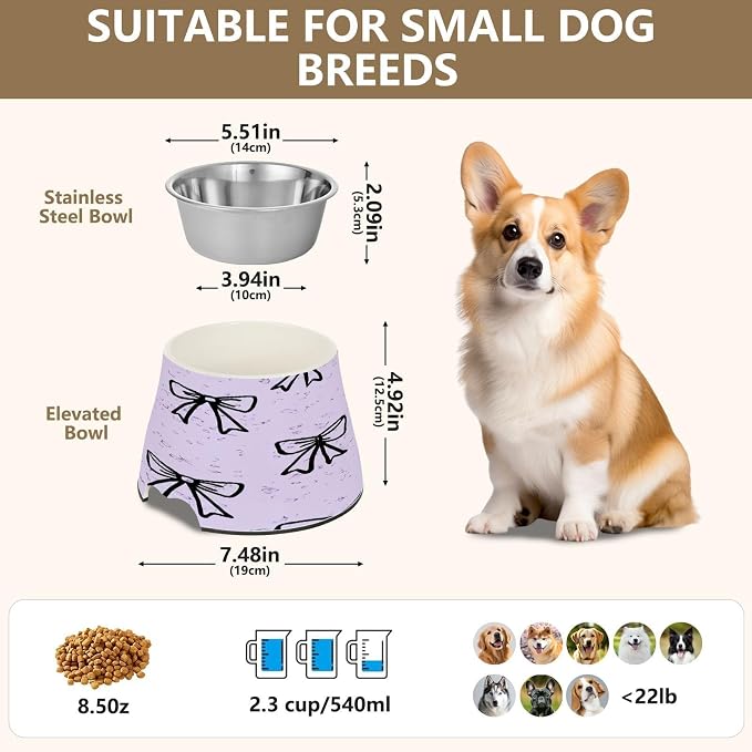 Blueangle Elevated Dog Bowls with Stainless Steel - Non-Slip 2.3 Cup High Capacity Pet Dish for Spinal Health & Black Bows Design（313）