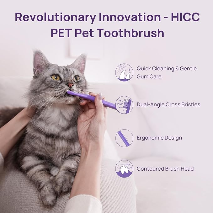 HICC PET Toothbrush for Cats & Small Dogs, Vet-Recommended Ergonomic Pet Toothbrush for Easy Teeth Cleaning, Gentle on Gums, Cat & Dog Dental Care, Improves Oral Hygiene. Toothpaste Not Included