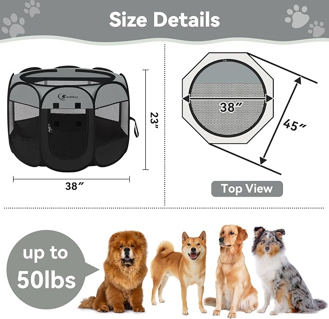 Siedihit Dark Grey Puppy Playpen for Large Dog Cat, Dogs Tent Crates Cage Indoor/Outdoor, Portable Pop Up Dog Kennel with Carrying Bag for Rabbits, (Dark Grey, Large)
