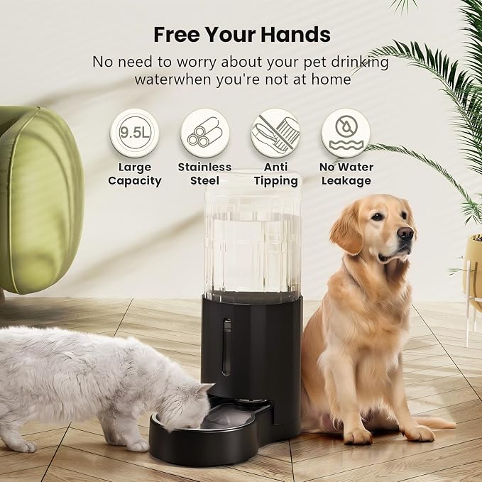 CZPET Dog Water Bowl Dispenser 9.5L, Wider Mouth & Upgraded Brush, Easy Cleaning Automatic Cat Gravity Refilling Waterer with Removable Stainless Steel Bowl, Large Drinking Area for Multi-Pet (Black)