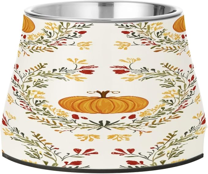 Blueangle Elevated Dog Bowls with Stainless Steel - Non-Slip 2.3 Cup High Capacity Pet Dish for Spinal Health & Pumpkins and Wreaths Design（116）