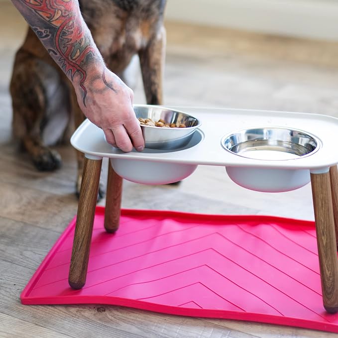 Messy Mutts Elevated Double Dog Feeder, Adjustable Height, Faux Wood | Adjustable-Height Elevated Double Dog Feeder With Two 5 Cup Stainless Bowls, Legs Set To 3, 5, Or 10 Inches