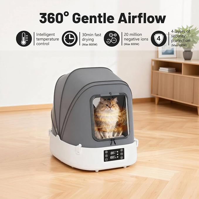 Updated Automatic Pet Dryer Box with 86CFM Dual Fans, 60L Foldable Design, 360° Quiet Airflow, Temperature/Time Control – Grooming Hair Blower for Dogs, Cats & Puppies