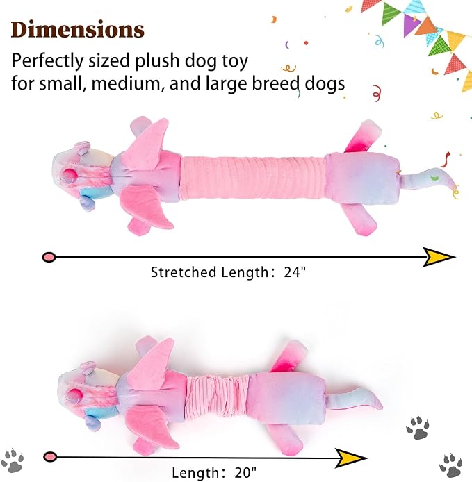 lilfrd Pink Unicorn Squeaky Dog Toy, Crinkle Plush Tug Toy for Dogs | Tug of War & Pull Toys, Energy Release, Fits Small Medium Large Dogs