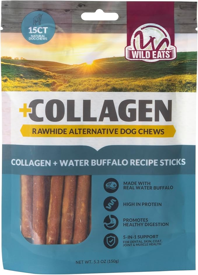 Wild Eats Water Buffalo Collagen Sticks for Dogs (15 Pack, 1 cm Wide) Long Lasting Dog Chews, No Hide Dog Treat Bully Stick Alternative, Rawhide Free, Grain Free, High Protein
