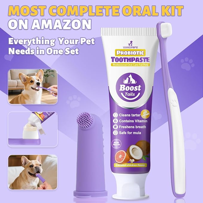 Vet Recommended Small Dog Teeth Brushing Kit 2.52oz + Natural Coconut Oil Dog & Cat Toothpaste for Fresh Breath 3.52oz