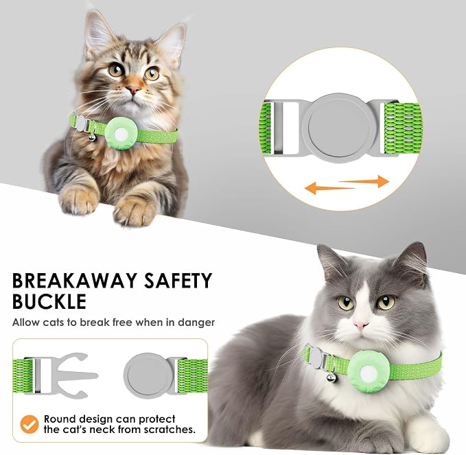 Cat GPS Tracker, Cat Tracker Compatible with Apple Find My App (Only iOS), No Monthly Fee, Waterproof, Breakaway Collar Included, Up to 1 Year Battery, Green