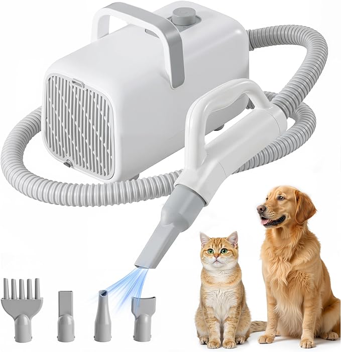 DUMOS Dog Hair Dryer for Pet Grooming, Low Noise | Dog Blow Dryer with Adjustable Wind Speed & Heater Temperature, Cool-Warm-Hot Cycle Mode, 4 Nozzles, 6.5 FT Cord, White