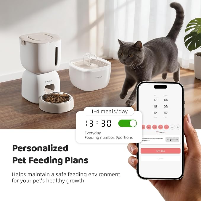 WiFi Automatic Cat Feeder and Water Fountain Set, App Control Pet Food Dispenser with 304 Stainless Steel Bowl, 3L/12 Cups Feeder & 2L Water Fountain Combo, 10s Voice, Secure Locking Lid, Dual Power