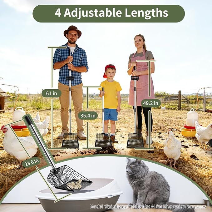 Chicken Poop Scooper & Rake 2-in-1, Heavy Duty Metal Pooper Scooper for Chicken Coop Cleaning, Adjustable Long Handle up to 61", 30° Ergonomic Manure Scoop for Sand Sifter, Bedding