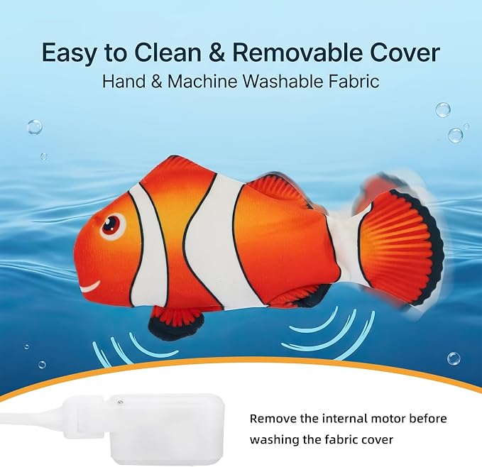 Flopping Fish Cat Toy, Interactive Moving Plush Cat Kicker Toy with Catnip Pocket, USB Rechargeable Automatic Wiggle Clownfish Toy for Indoor Kitten & Small Dogs, Single Clownfish（9.84Inch）