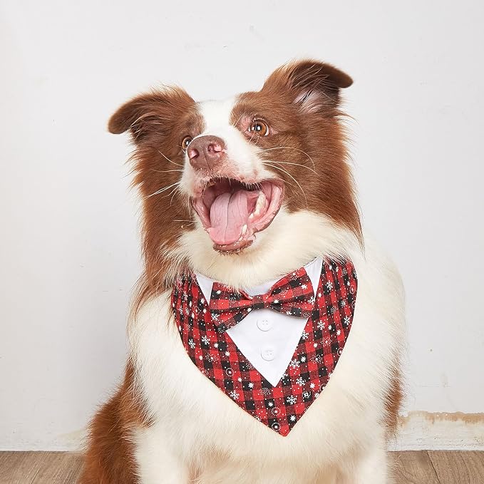 Adjustable Red Plaid Christmas Dog Tuxedo Bandana with Bow Tie, X-Large, XS, Red