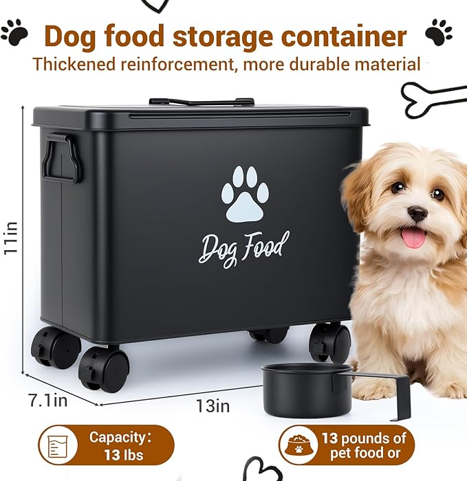 Dog Food Container 13lb, The storage container for small and medium-sized dog and cat food measures 13 inches (length) x 7.1 inches (width) x 11 inches (height), with enough space to hold 13 pounds of pet favorite dry food., 13lb, Metal, Black-L