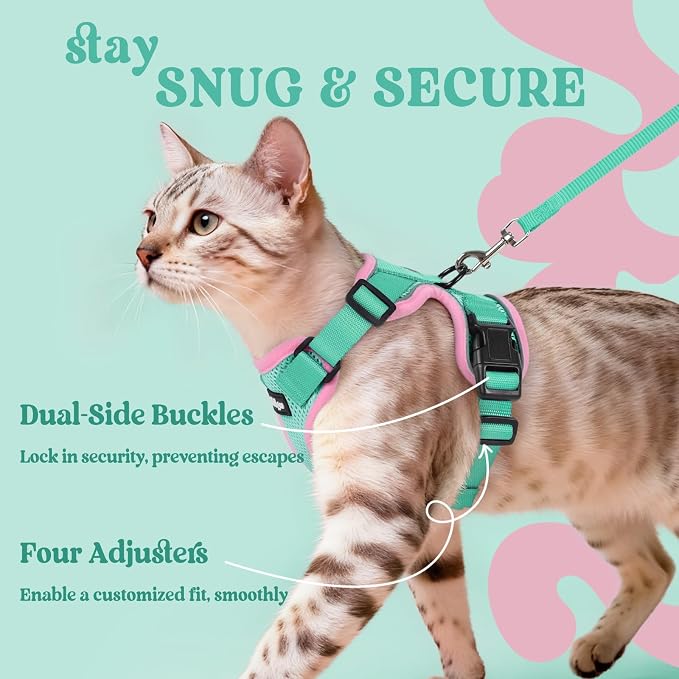 rabbitgoo Cat Harness and Leash Set, Escape Proof Vest, Green & Pink | Soft Breathable Mesh, Easy Adjustable Fit, Snap Buckles, Sturdy Clip, Reflective Strips, for Medium to Large Cats Walks, M