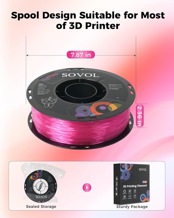 Sovol TPU Filament 1.75mm, 95A Soft TPU Flexible 3D Printer Filament with High Elasticity, 1kg (2.2lbs), Dimensional Accuracy +/- 0.03 mm, Fit Most FDM Printer, Clear Rose Red