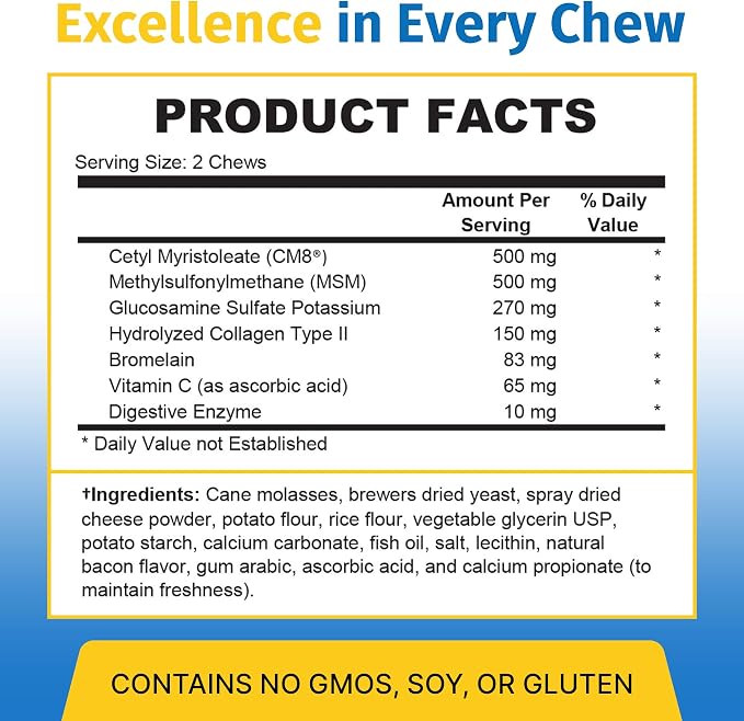 Hip & Joint Supplement for Dogs & Cats with Cetyl Myristoleate, Glucosamine, Collagen, MSM - Max Strength Joint Support for Mobility, Senior Pets, Large Breeds - 60 Soft Chews (Bacon/Cheese)
