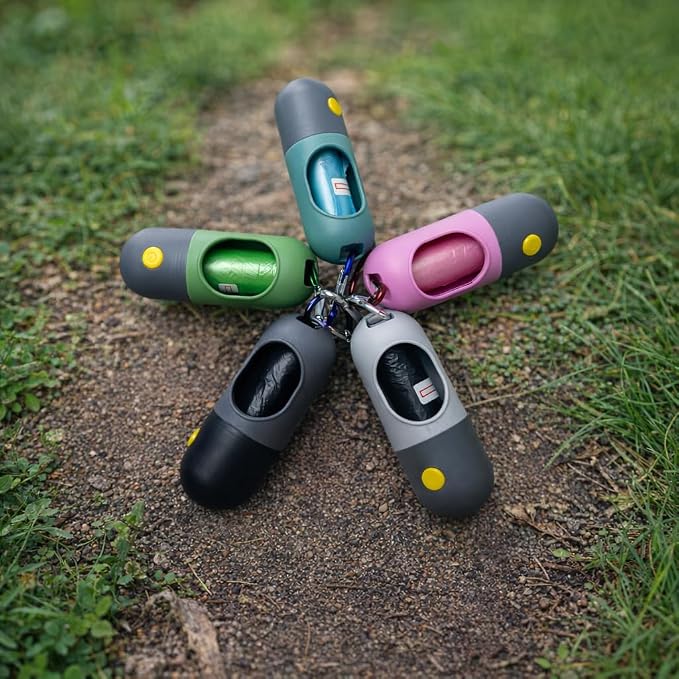 Portable Dog Poop Bag Dispenser with LED Flashlight, Refillable Waste Bag Holder with Carabiner Clip (Dark Gray)