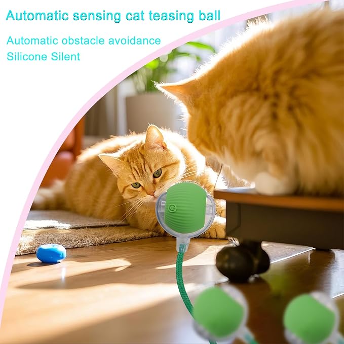 Interactive Cat Dog Toy Ball with LED Light, Automatic Rolling(Green) | String Tail and LED Light Design, Motion Activated, Suitable for Interactive Indoor Pet Play and Exercise