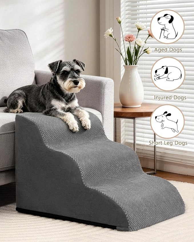 Aodisman Dog Stairs for Small Dogs,3 Step Dog Ramp for Couch and Bed,Pet Stairs with Non-Slip Bottom for Old Cats,Indoor Pet Steps,Comfort,Durable,15.4" H,Grey