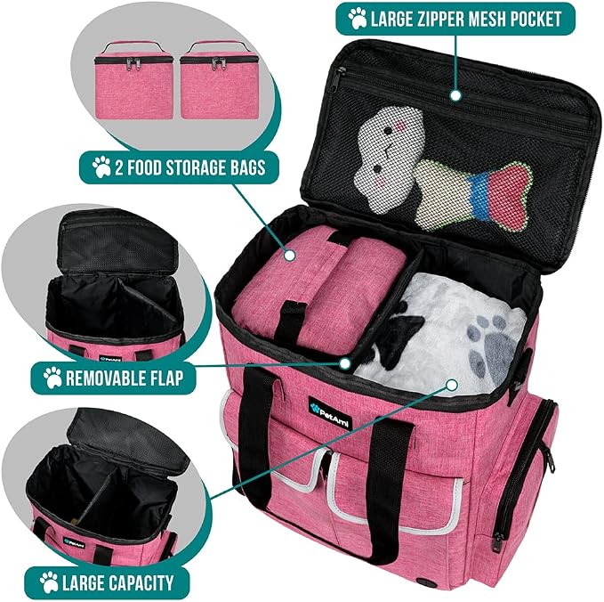 PetAmi Dog Travel Bag Organizer with Food Containers & Bowls, Pink