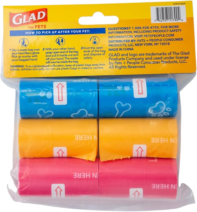Glad for Pets Scented Dog Waste Bags, Tear-Resistant Pet Poop Pick-up Bags with Leak Protection, Lemon Fresh Scent, Fun Multicolor Bag Designs, 6 Rolls, 90 Bags Total