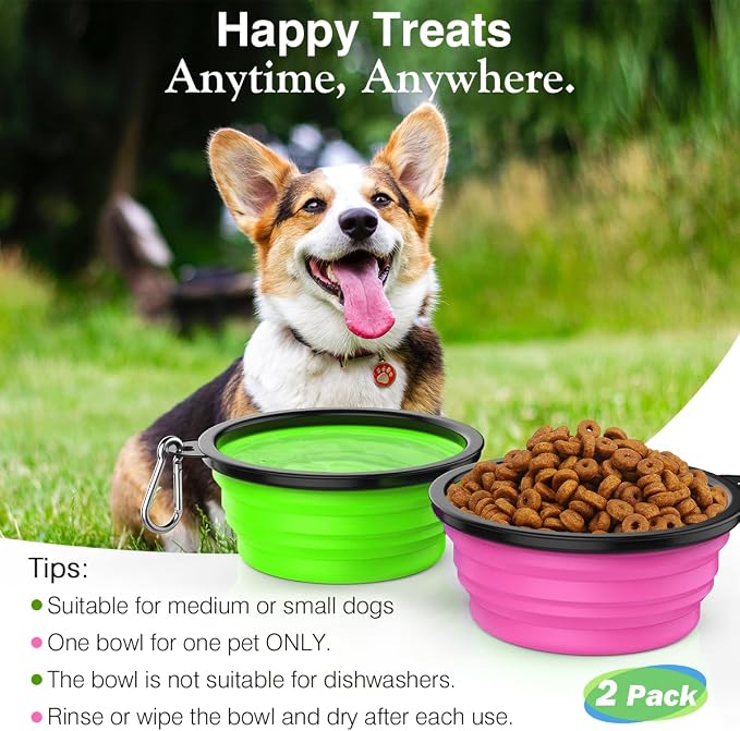 Pawaboo Collapsible Dog Bowls, 2 Pack, 1000ml, Pink + Green