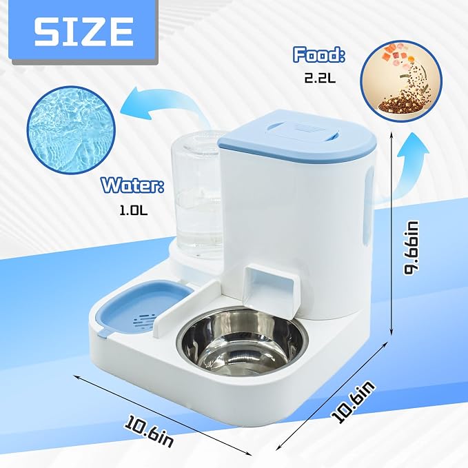 Automatic Cat Food and Water Dispenser Set 2 in 1, 2 in, Stainless Steel, Blue